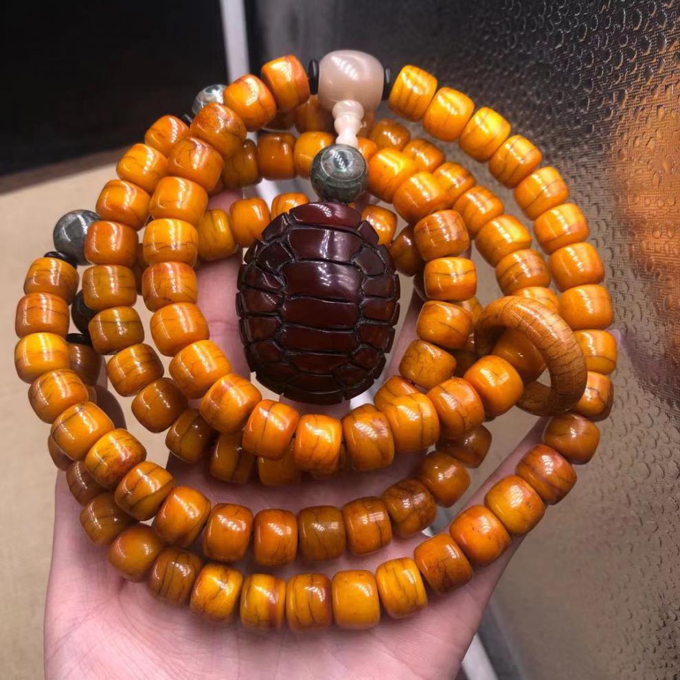 【静黛】 西藏风化老料牦牛骨手串藏式108颗牦牛角手把件脖挂佛珠念珠