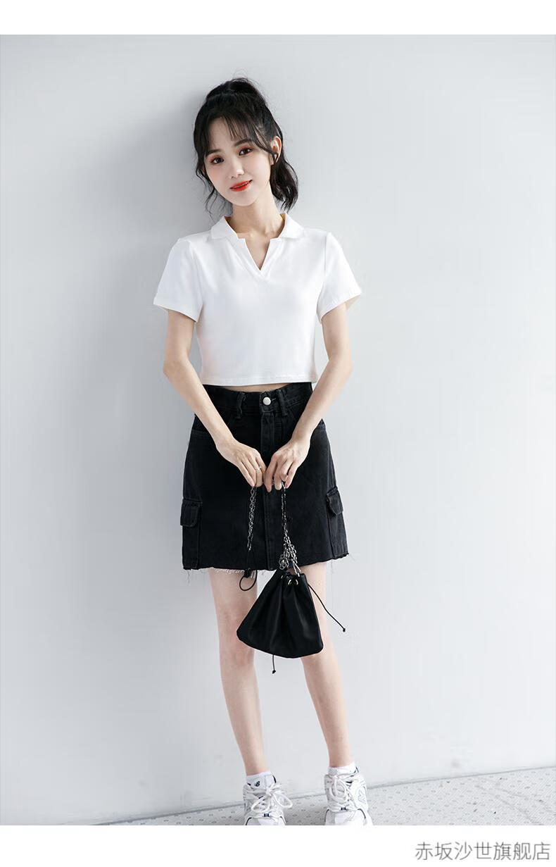 有带领t恤女短袖学生高腰露脐短款上衣黑色修身polo衫超短t恤女黑色s