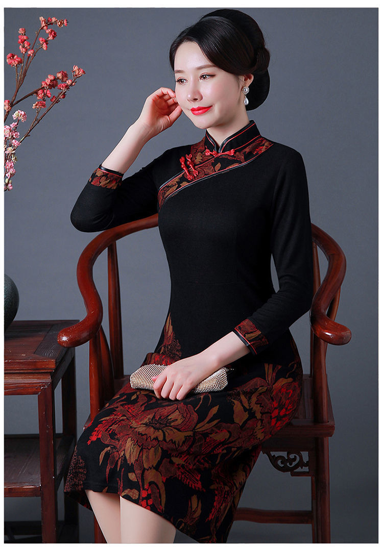 嘉姿傲高档轻奢品牌新款旗袍裙喜庆遮肚七分袖气质洋气修身礼服法式