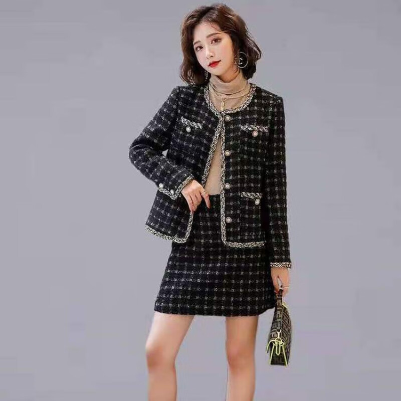 小香风半身裙套装女装2021年秋冬高端气质时尚套裙两黑色套装l建议