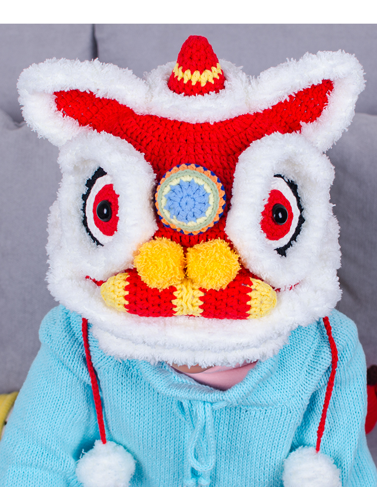 醒狮帽材料包手工编织diy成品男童新年虎头帽子婴儿幼童礼物国潮 灰色