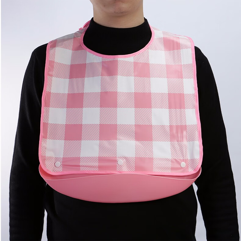 阙时翊老年人围兜老人吃饭用围兜大人口水围嘴可拆卸粉格子长款