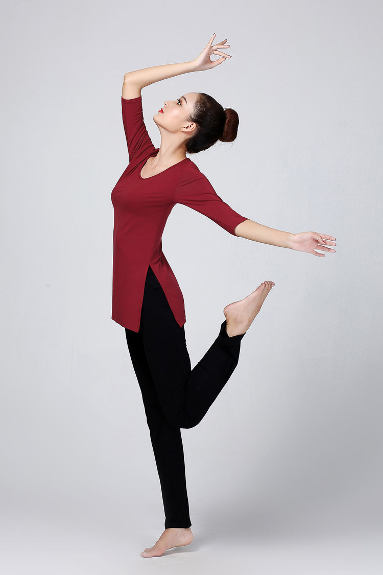 春夏瑜伽服套装女舞蹈练功服长袖开叉形体瑜伽服莫代尔健身服套装单件