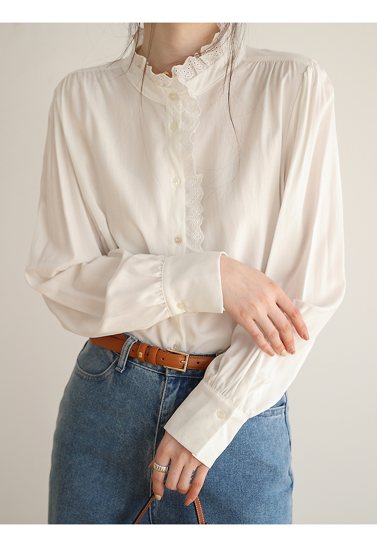 嘉茱莉木耳边白衬衫女士2022年春季新款法式温柔薄款衬衣天丝上衣白色