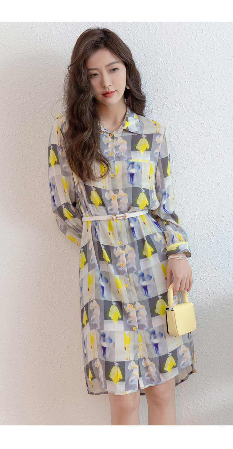 熙然2022春装新款通勤休闲印花宽松翻领衬衫款连衣裙女中长款灰黄花s