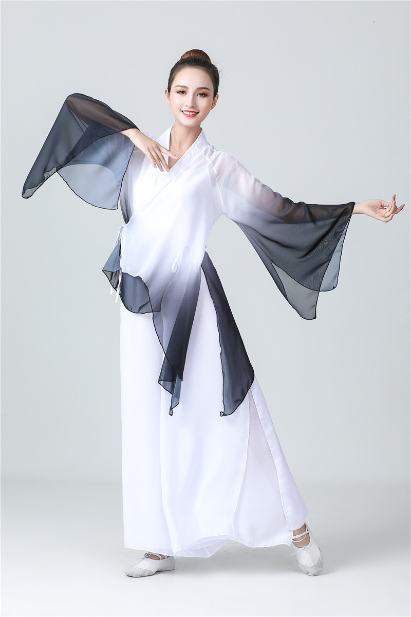 古典舞中国风渐变飘逸喇叭袖艺考女演出服阔腿裤系带纱衣粉变浅蓝上衣