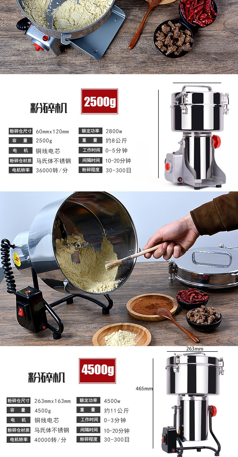 中药粉碎机家用药材香料打粉机不锈钢商用五谷杂粮研磨机药店打三七