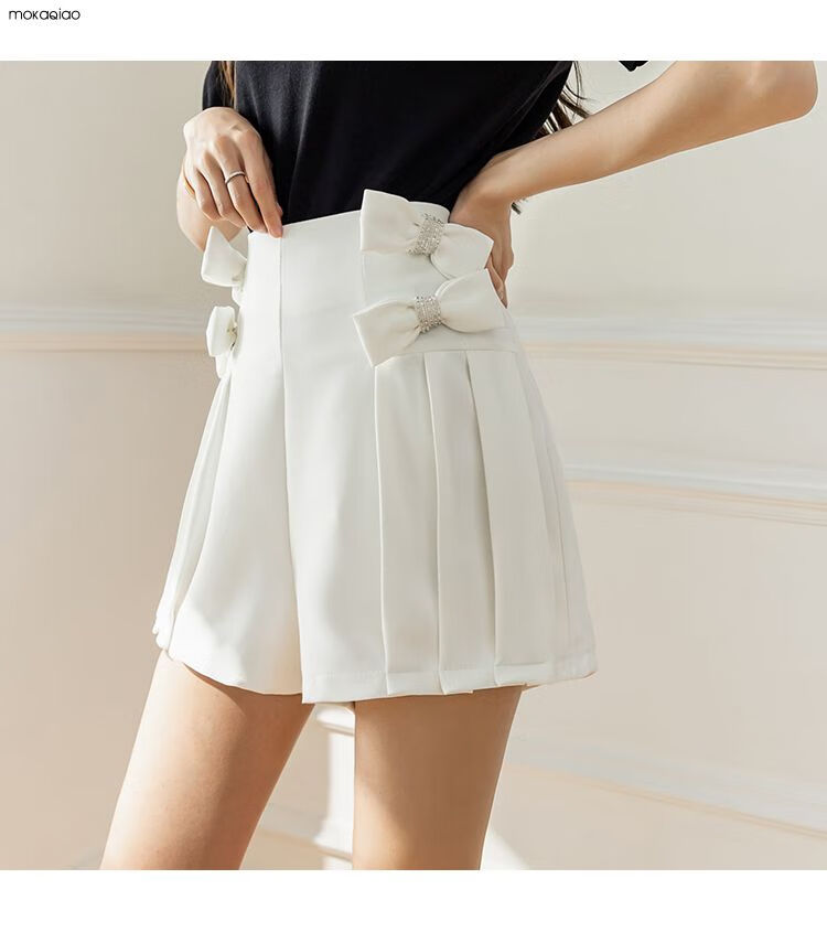 茉卡俏夏天女生新款蝴蝶结百褶短裤2022夏天高腰a字显瘦设计感女小众