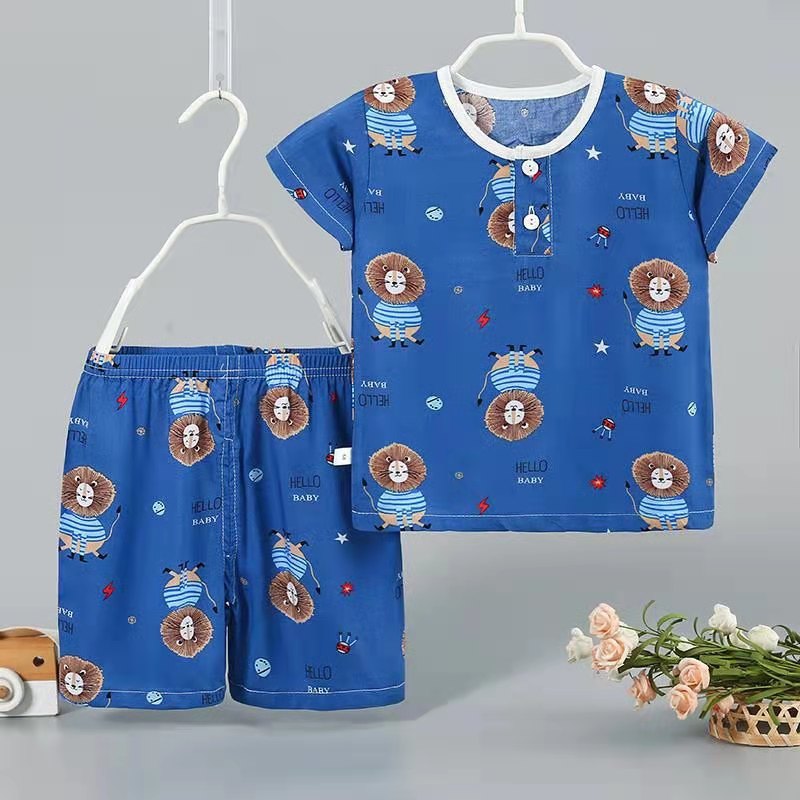 夏季家居服人造棉空调服1宝宝衣服儿童2棉绸套装短袖薄款钻蓝色中袖蓝