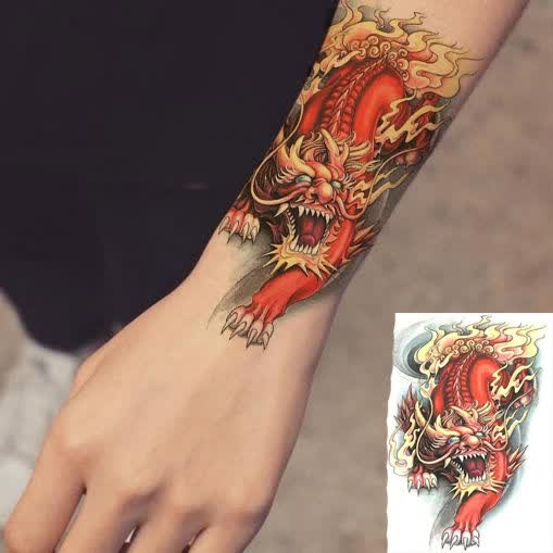 纹身贴男士火麒麟臂纹身贴防水男士花臂手臂仿真图腾刺青贴纸疤痕贴