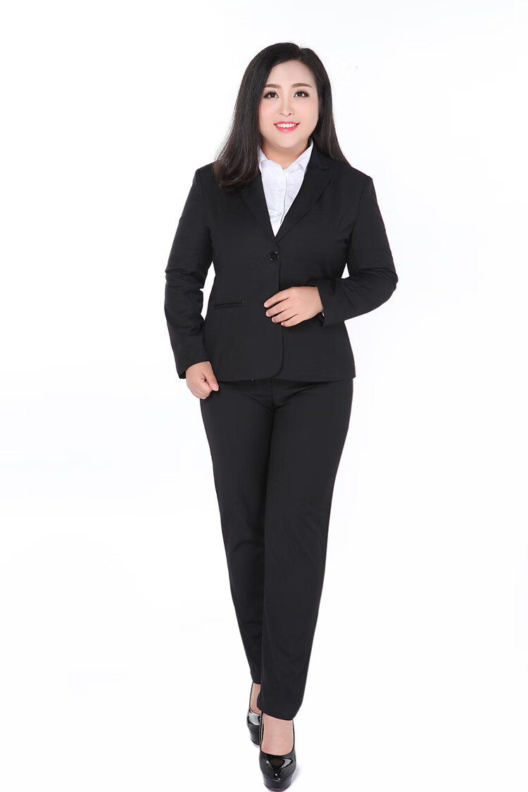 小西装外套休闲大码聚酯纤维女胖妹妹通勤ol春秋季长袖职业套装黑色