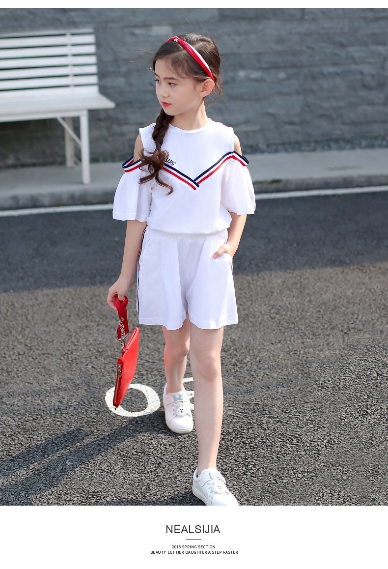 卡芙泰童装女童套装儿童夏装露肩泡泡袖棉t恤裙裤女孩子短裤两件套