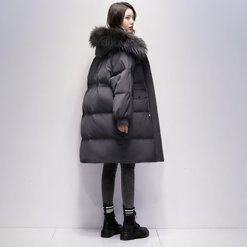 羽绒服女中款2022白鸭绒新款服女中长款休闲大口袋大毛领外套浅灰色s