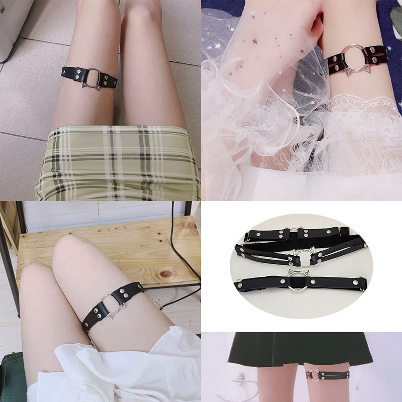 dicify新品腿环女性感个性街拍腿圈吊袜带皮爱心黑色腿链学生饰品加长