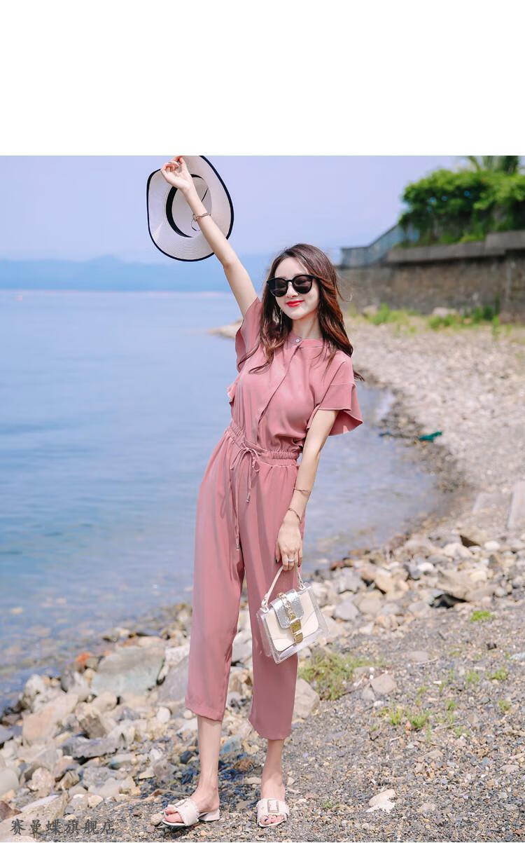 春夏天雪纺连体裤连体裤女可爱小个套装高腰深档休闲连衣裤 粉色 xl