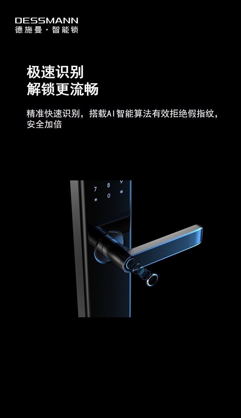 德施曼dessmann指纹锁智能门锁电子锁家用防盗门锁防密码锁磨砂黑