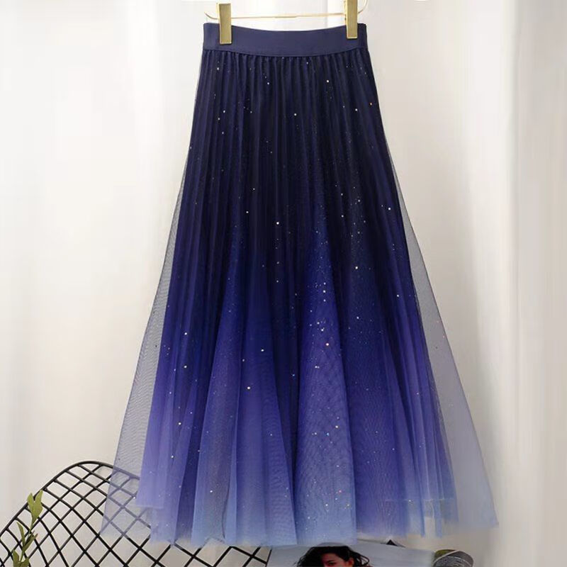 星空渐变色半身裙2022春夏新款仙女高腰亮片中长款网纱大摆裙子潮蓝色