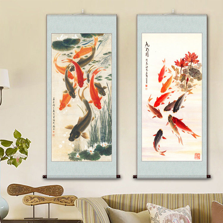 装饰画九鱼图国画连年年有余玄关中堂卷轴挂画荷花鱼风水字画九鱼戏莲
