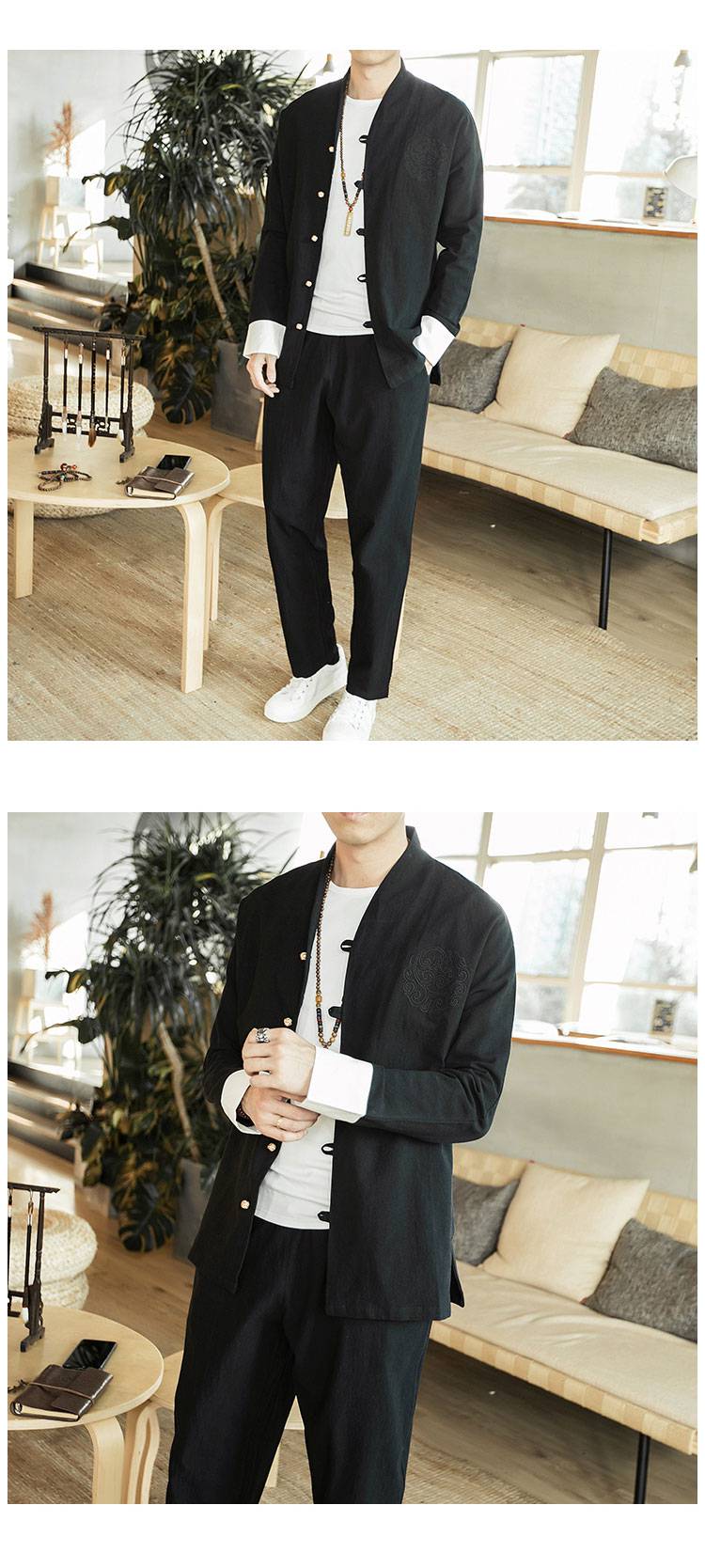 啄木鸟亚麻套装男汉服风道袍古装青年中山装唐装男士男式春秋季中式