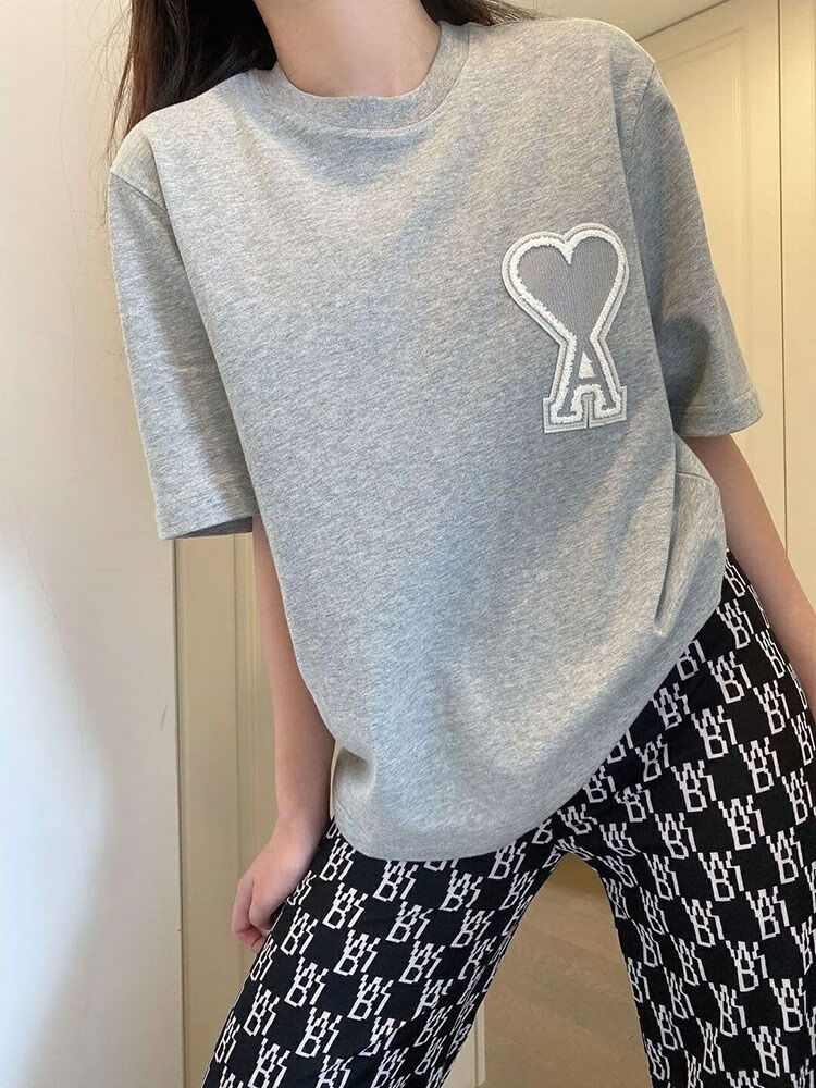 ami爱心刺绣红桃心宽松短袖t恤男女纯棉大码半袖潮粉色粉心s