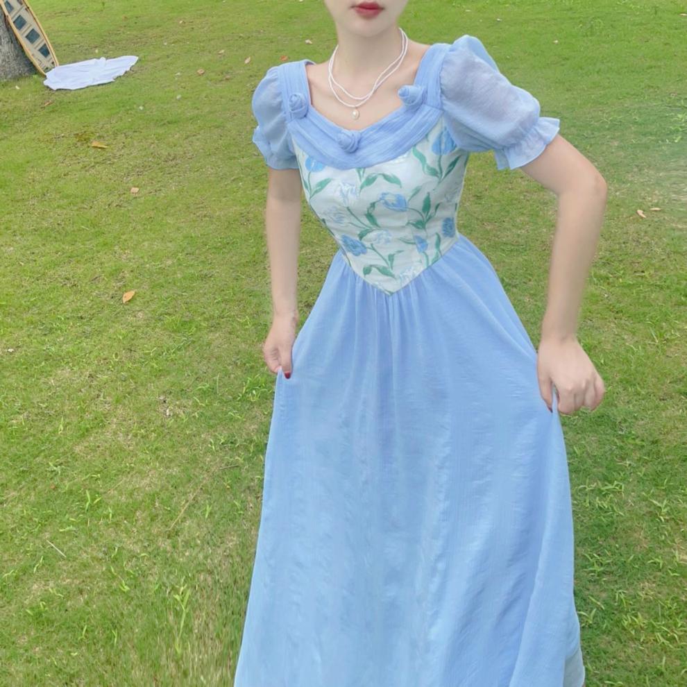 提花连衣裙女法式复古方领缎面2022年夏一字肩宫廷拼接仙女公主裙蓝色