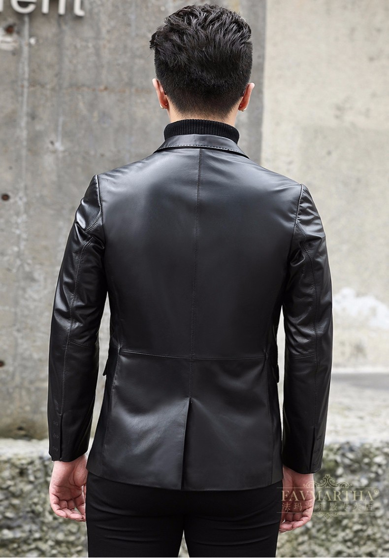 法玛莎品牌真皮皮衣男士头层小牛皮西服秋季新款休闲时尚外套男 黑色