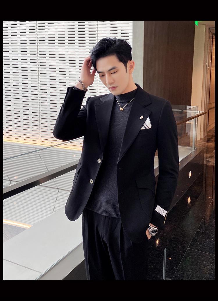 扣修身休闲潮流痞帅西服外套早春男士男生春款男式黄色西装和裤子2xl
