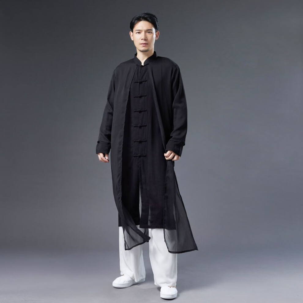汉服男薄款长衫中式透气色中国风棉麻假两件古风男装春夏黑色100115斤