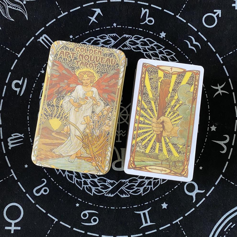 goldenartnouveautarot黄金色艺术塔罗英文卡牌铁盒装烫金边黄金色