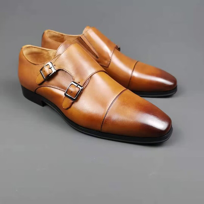 惊爆正装男士皮鞋真皮英伦风商务休闲硬底一脚蹬鞋大码孟克鞋品质定制