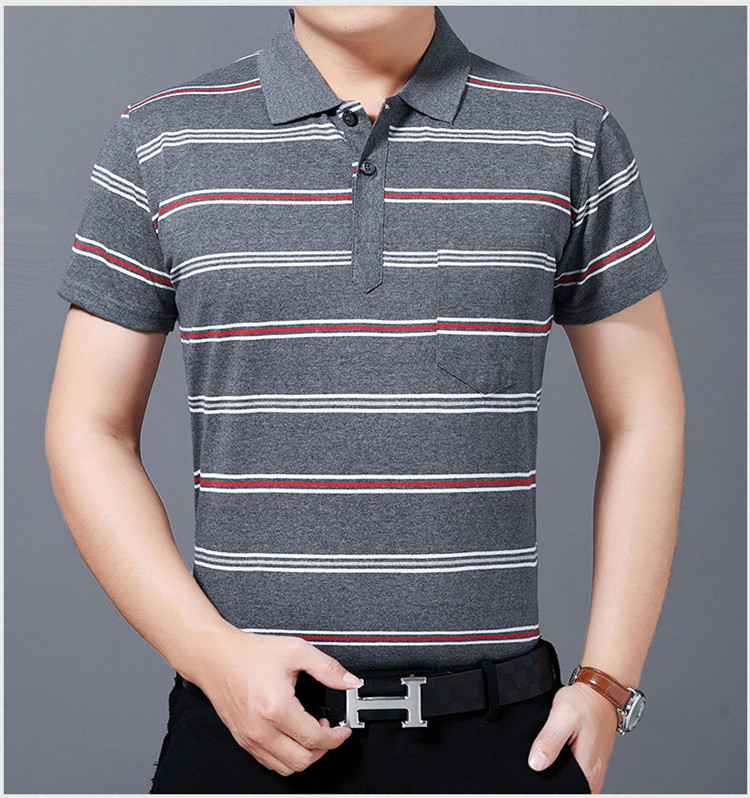 老爷车夏季男士翻领条纹短袖t恤中年口袋休闲宽松上衣纯棉商务polodf