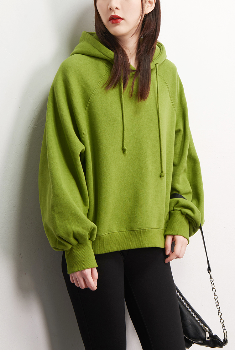chartres慵懒风卫衣女牛油果绿色春装连帽宽松帽子加厚套头帽衫x270