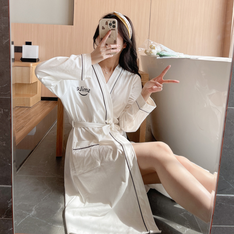 齐皇春秋季浴袍女长款睡袍夏天性感酒店浴衣吸水速干白色宽松棉睡衣