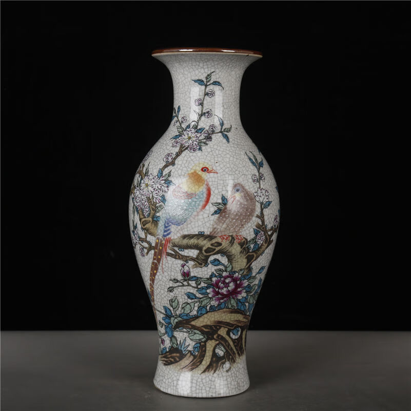 乾隆款裂纹釉粉彩福禄双全观音瓶仿古董花瓶做旧古瓷器旧货老物件福禄