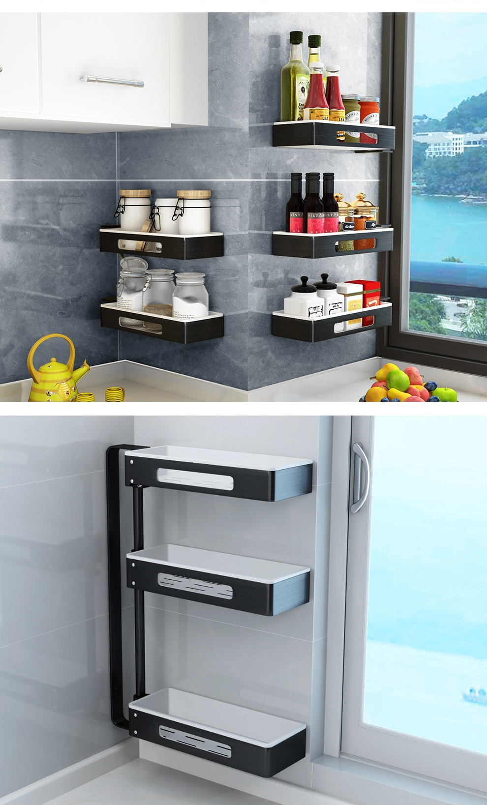 家佰利免打孔厨房收纳架转角置物架调料架壁挂收纳架多层旋转墙上