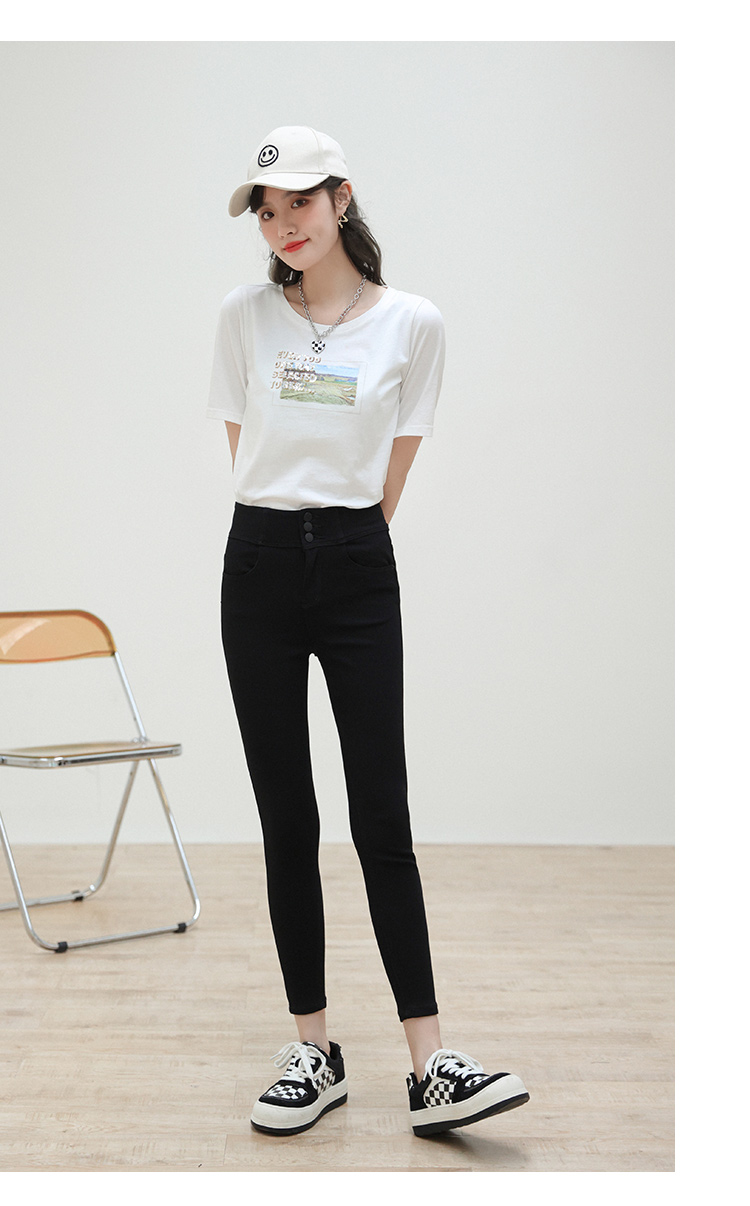 朵以2022春季新款牛仔裤百搭高腰弹力紧身撞色显瘦黑打底铅笔裤女37sc