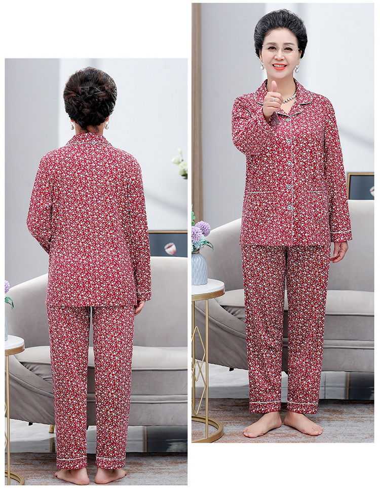 lucazer妈妈睡衣女春秋季中老年长袖薄款纯色棉质家居服老人奶奶婆婆