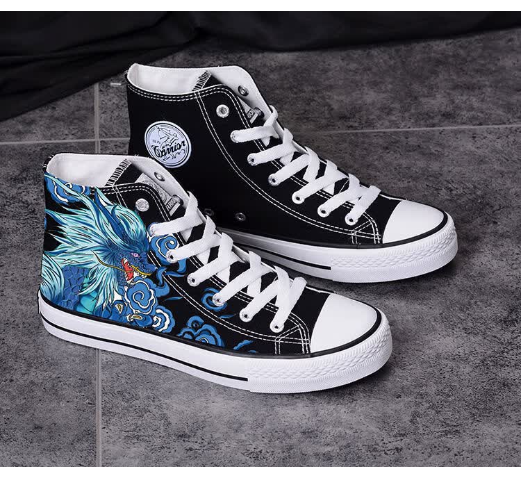 帆布鞋男秋季新款中国风手绘国潮板鞋男女学生鞋麒麟黑色加绒款回力