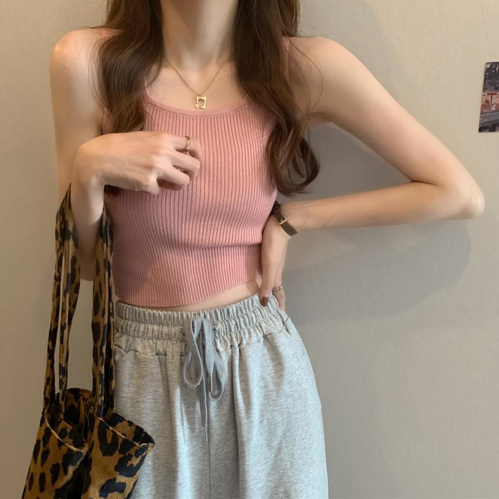 拉夏贝尔白色针织吊带小背心女内搭打底抹胸外穿短款法式欲无袖上衣