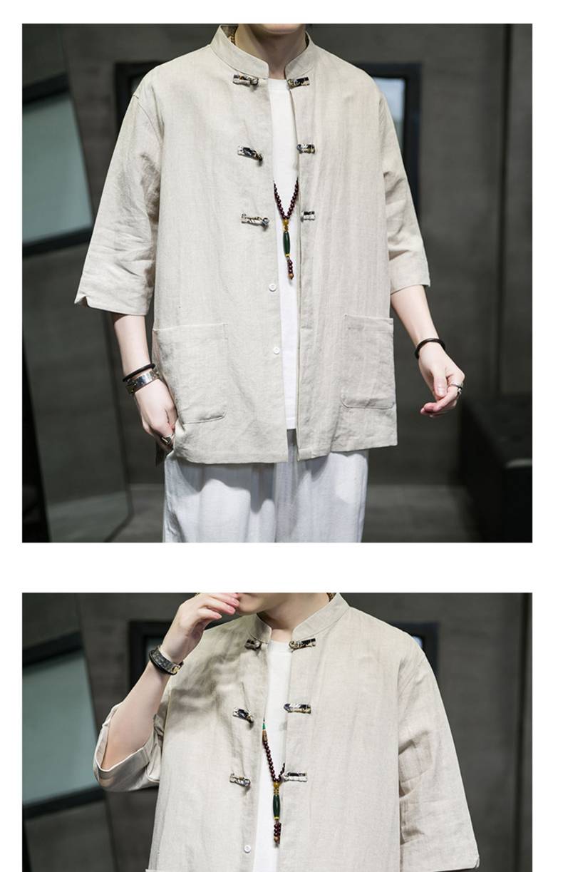 休闲舒适唐装有口袋春夏季休闲宽松中国风高端复古男装b款麻本色xl