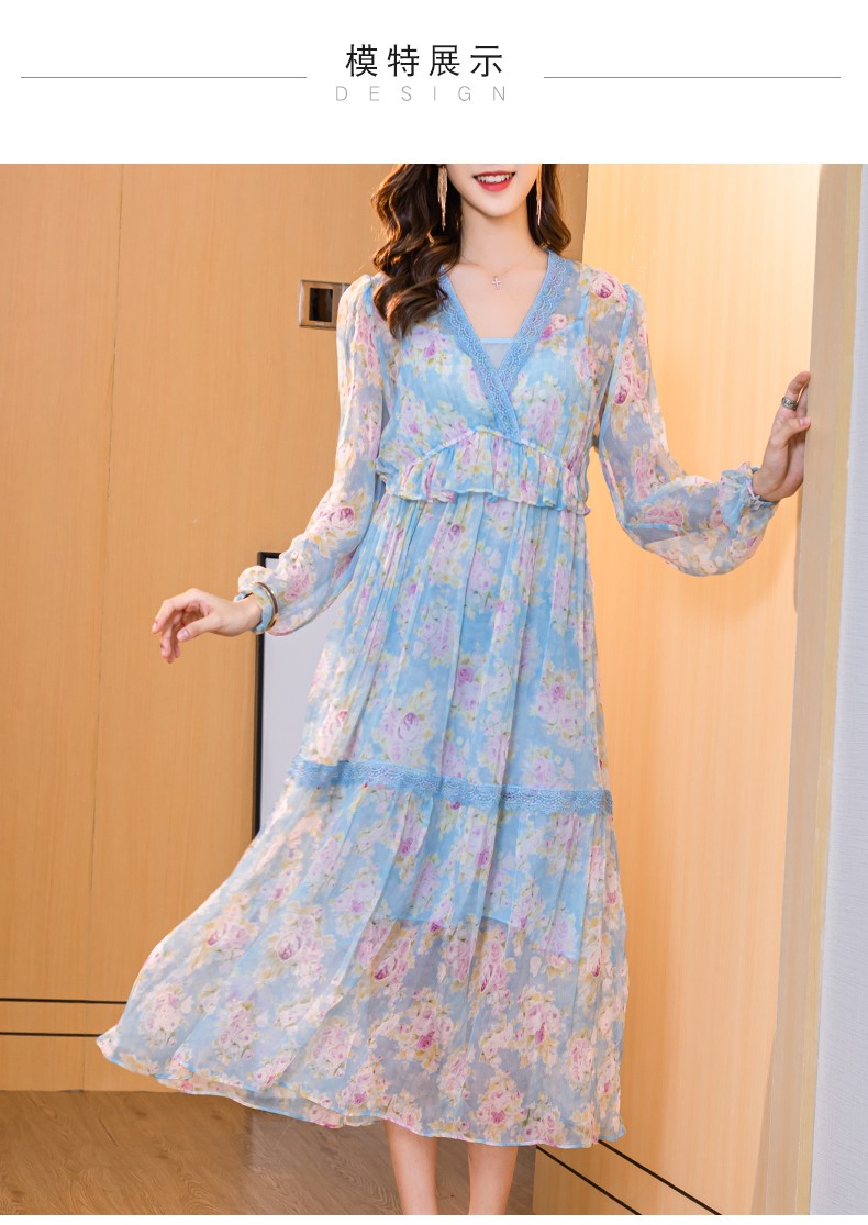 2020春夏新款v领印花真丝连衣裙收腰大摆镂空桑蚕丝打底裙女 橘红色