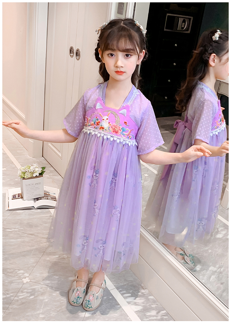 中大儿童中国风洋气女孩短袖古装裙子t紫色吊牌110码建义身高100105cm