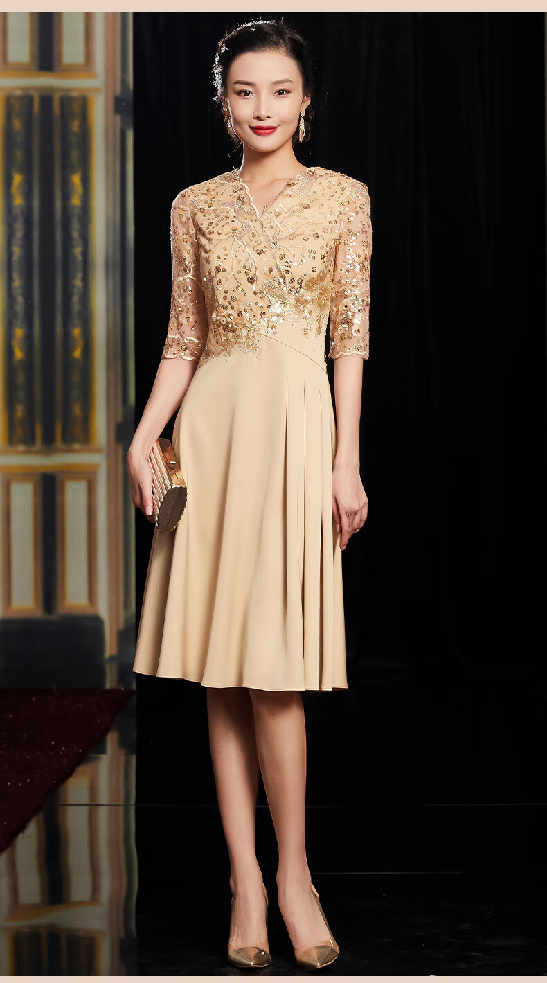 bianyemu婚礼妈妈礼服高贵大码丈母娘婚宴服香槟色连衣裙喜婆婆婚宴装