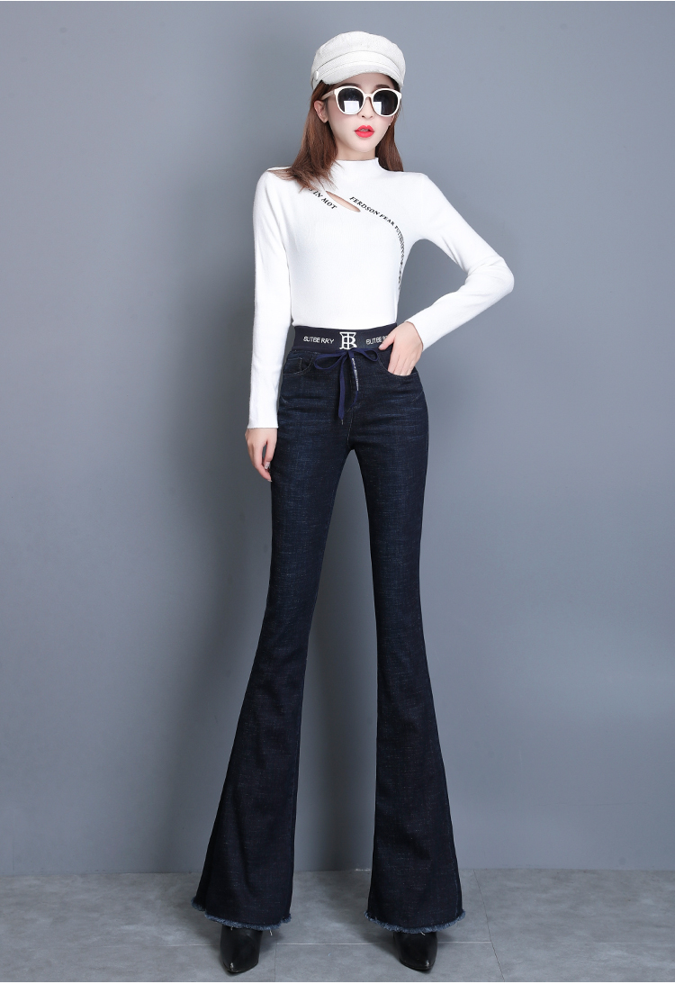 牛仔裤女2019冬季加厚保暖牛仔微辣裤松紧腰高腰喇叭长裤 黑色(如图)