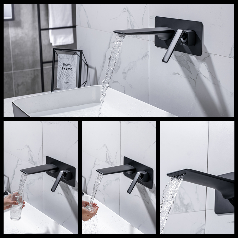 浴室柜墙排水龙头全铜入墙式暗装面盆冷热水龙头黑色嵌入式洗脸台上盆