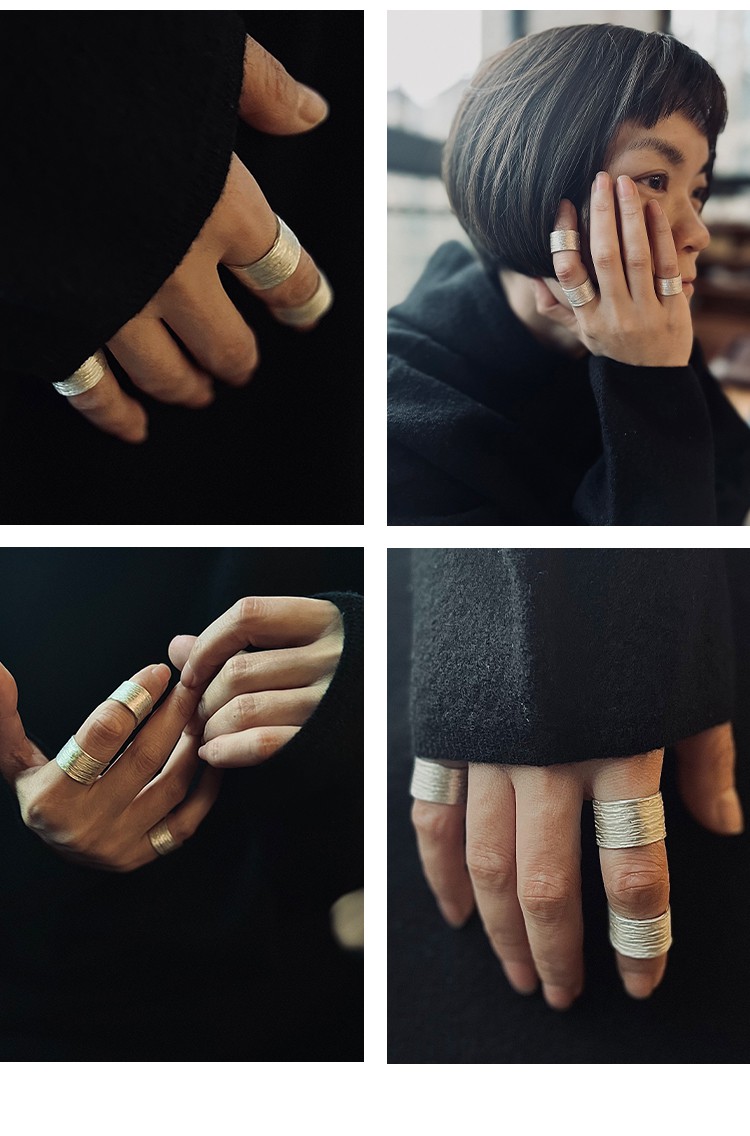 洛华琦无有善见城999足银设计稻草肌理感开口戒指耳夹银色戒指现货