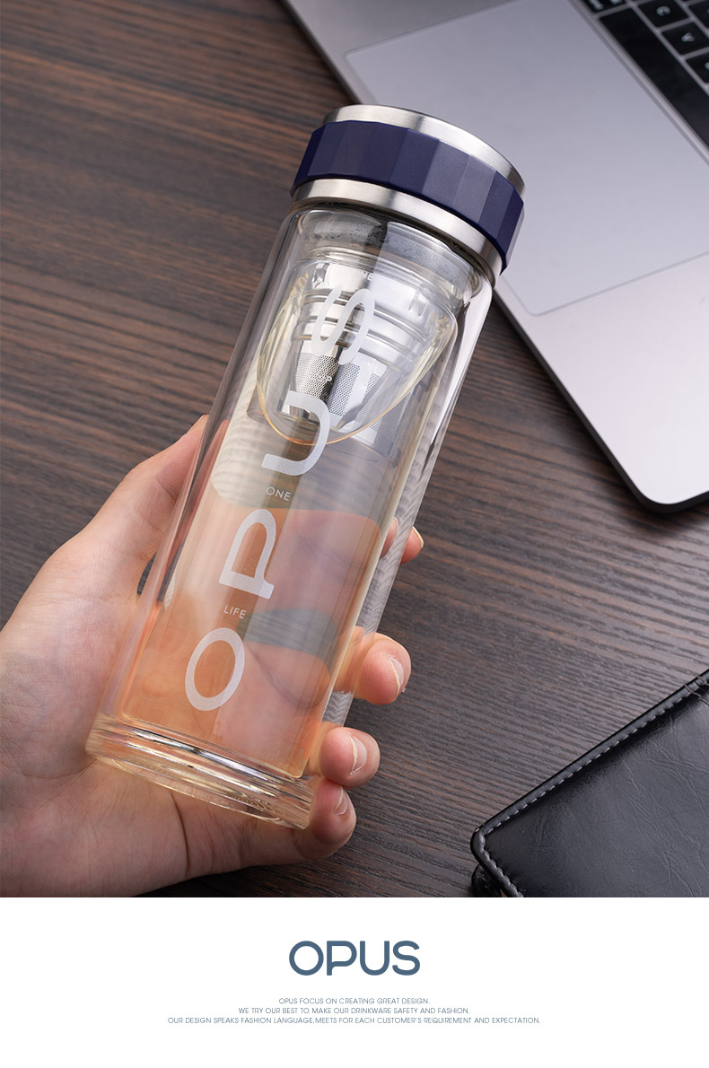 opus玻璃杯杯家用茶水分离泡茶杯男女商务加厚隔热便携商务水杯质感蓝
