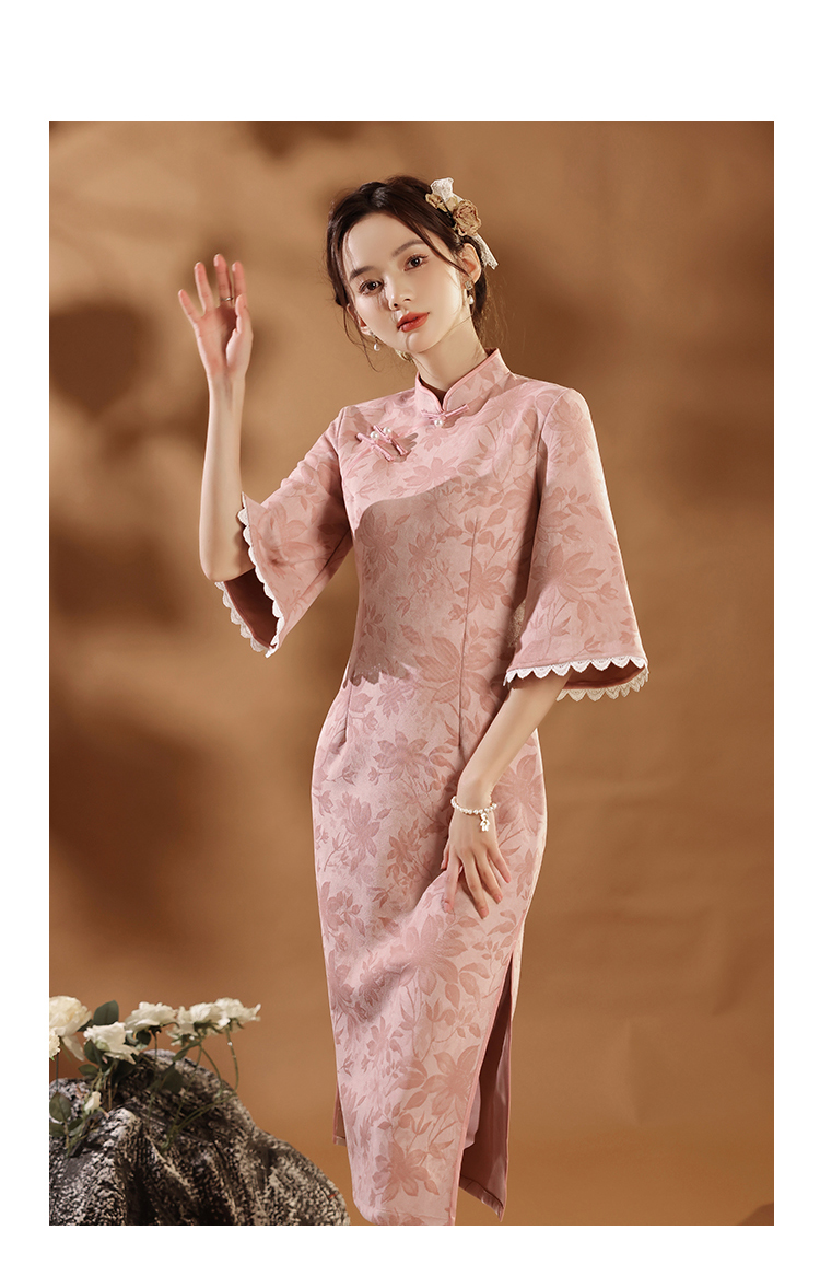 禹荷@粉色旗袍改良春季2022年新款倒大袖年轻款气质连衣裙国风中国风