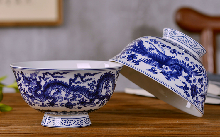 景德镇陶瓷青花瓷碗餐具中式家用骨瓷米饭碗面碗粥碗传统龙凤仿古碗