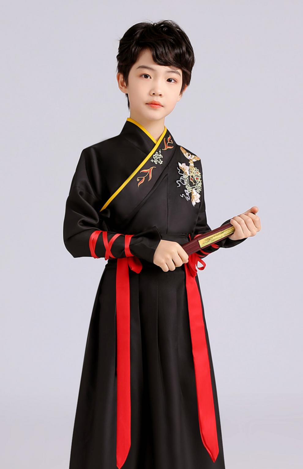 汉服男童幼儿园演出服3-6-9岁班服男童国学服装中国风女孩演出服黑色